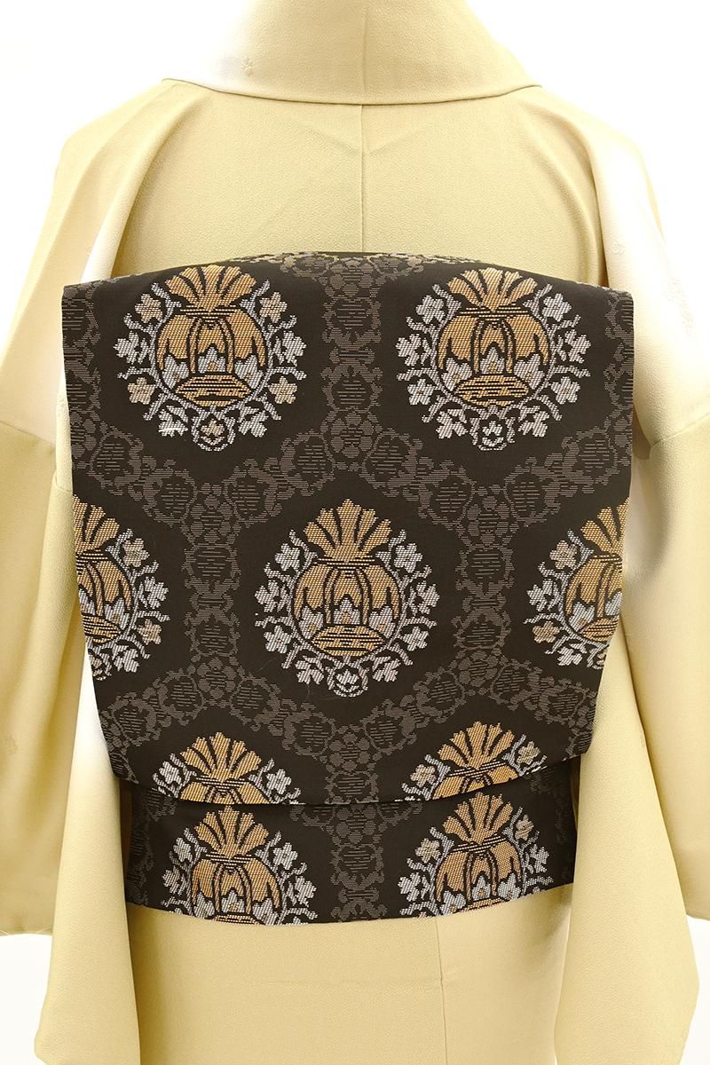 銀座【H-0823】西陣 帯屋捨松製 織名古屋帯 黒色 ザクロ花文（証紙付