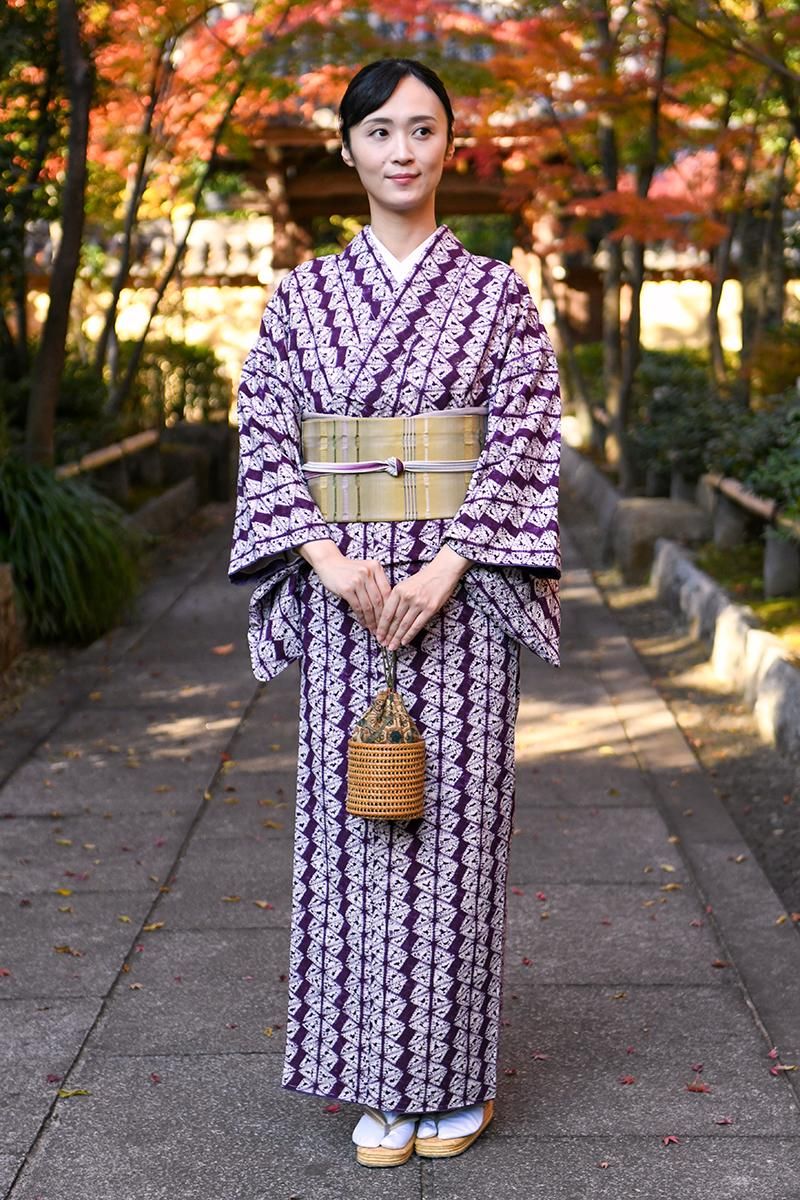 銀座【着物4660】草紫堂製 南部絞紫根染 木綿地 着物 :身丈161/裄67.5