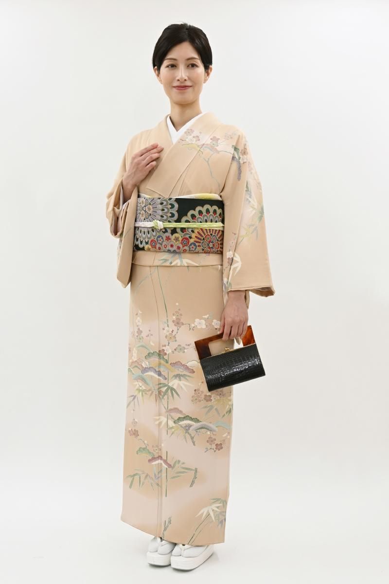 銀座【B-4344】清染居製 染一ッ紋 訪問着 赤白橡色 松竹梅の図（落款入