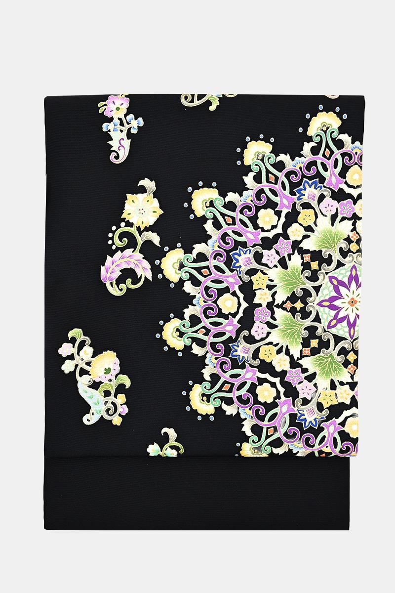 銀座【帯5838】岡重製 染名古屋帯 黒色 更紗文（新品 反端付) - 銀座