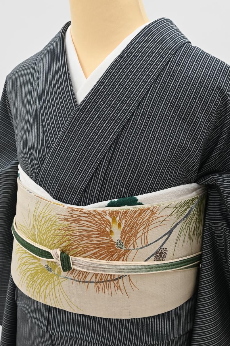 銀座【A-4195】塩沢紬 やまだ織 勝色 竪縞（証紙付） :身丈160.5/裄68