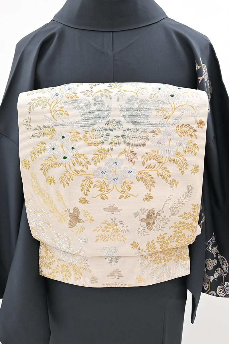 銀座【L-8660】本袋帯 生成色 花鳥文 - 銀座きもの青木｜長く大切に着