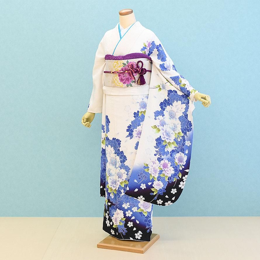 akmx181 正絹 振袖 白/藍色 パールトーン加工 13号 花柄 akmx181 正絹