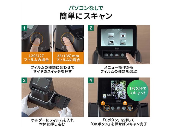 サンワ、ブローニーに対応した1400万画素のフィルムスキャナー「400