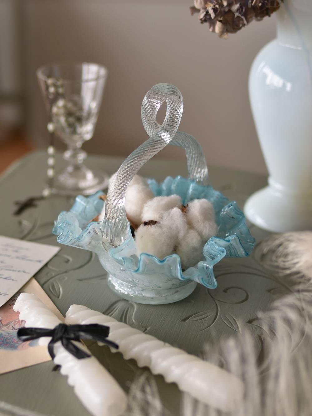 パニエ型小物入れ.ガラス フランスアンティーク雑貨 ガラスオブジェ