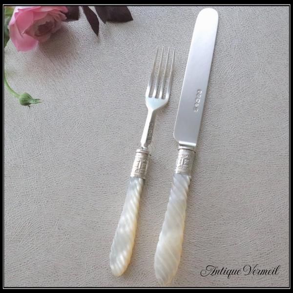 Victorian Sterling Silver MOP Knife & Fork 英国アンティーク