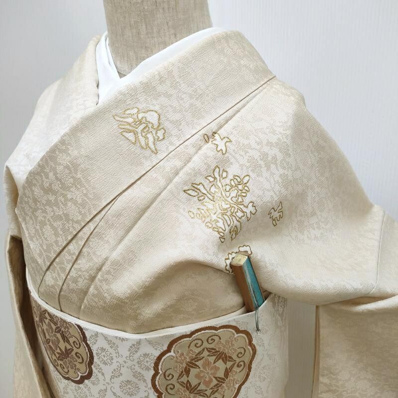 訪問着 樹下花鳥図 練色 金糸刺繍 式事 フォーマル パーティー 御仕立