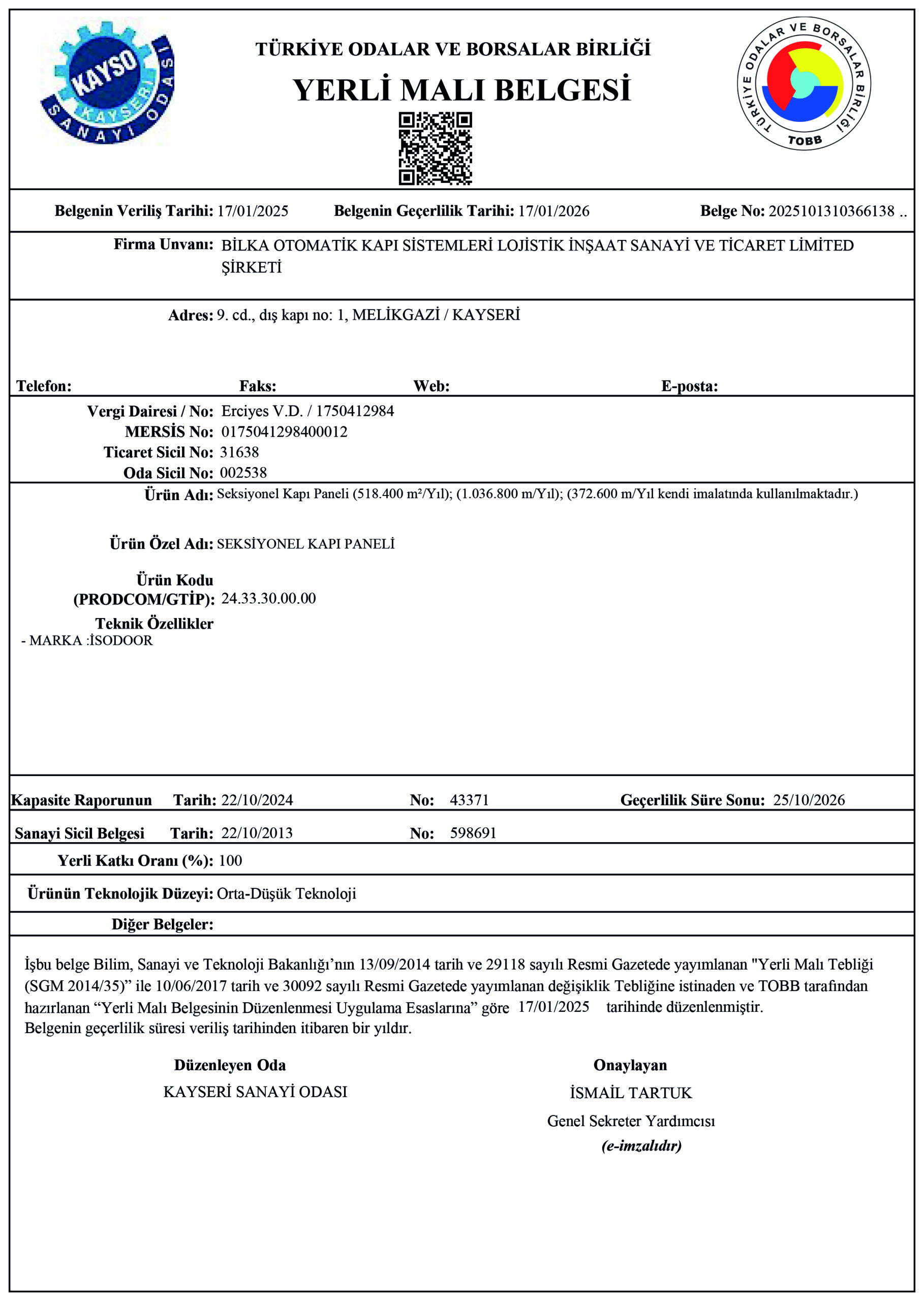 Sertifikalarımız | Seksiyonel Kapı | Garaj Kapısı | Endüstriyel