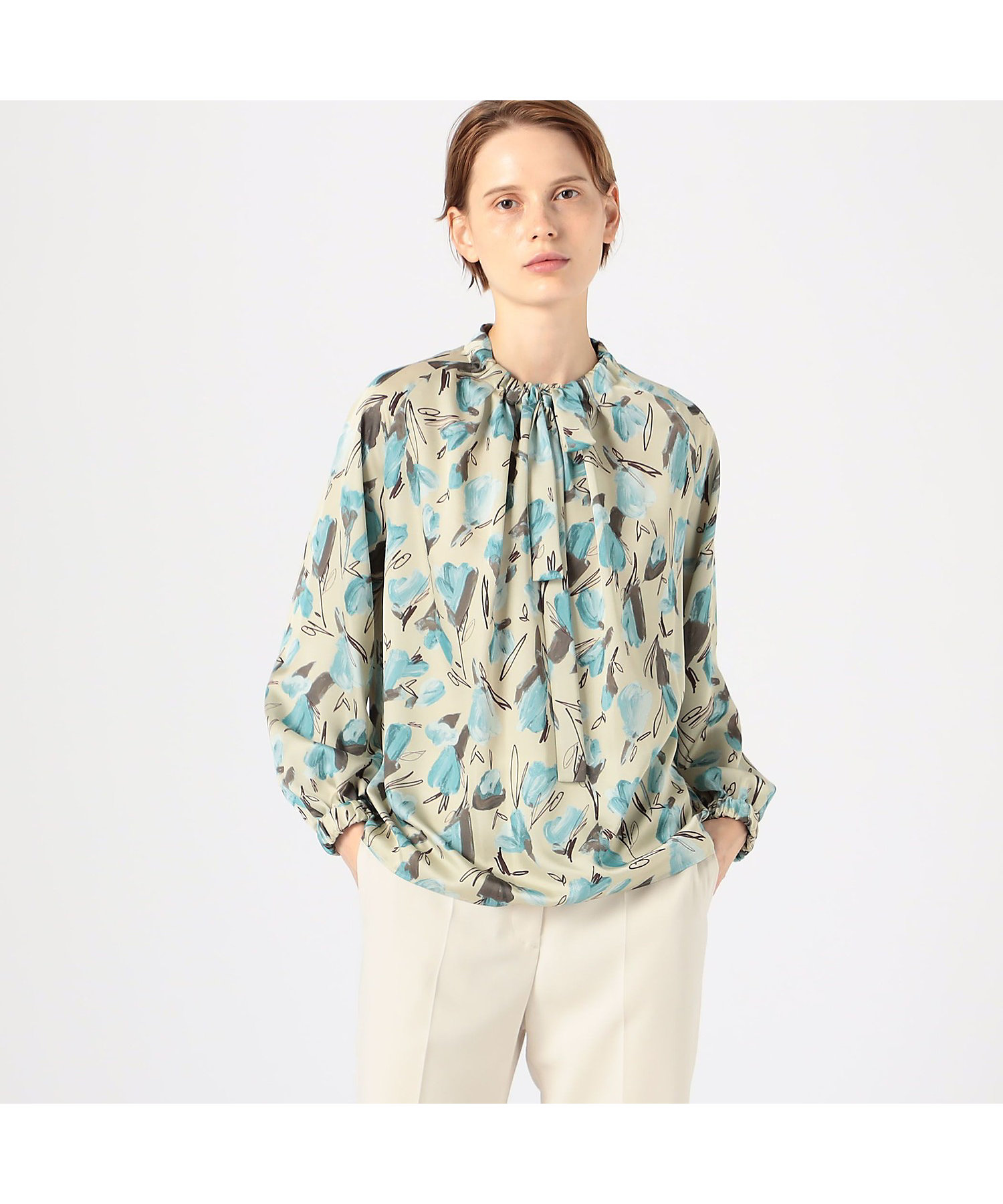 ブーゲンビリアプリント ボウタイギャザーブラウス | maison