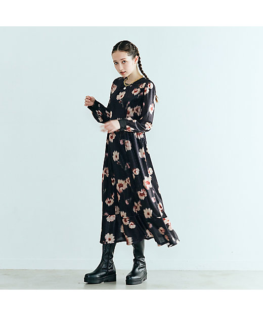 ストライプベロアフラワープリントワンピース（83016504