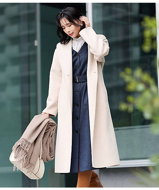 L】ウールナイロンリバー ショールカラーロングコート