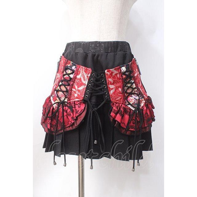 Qutie Frash / 和柄コルセット風プリーツスカート 黒×赤 Y-25-06-18