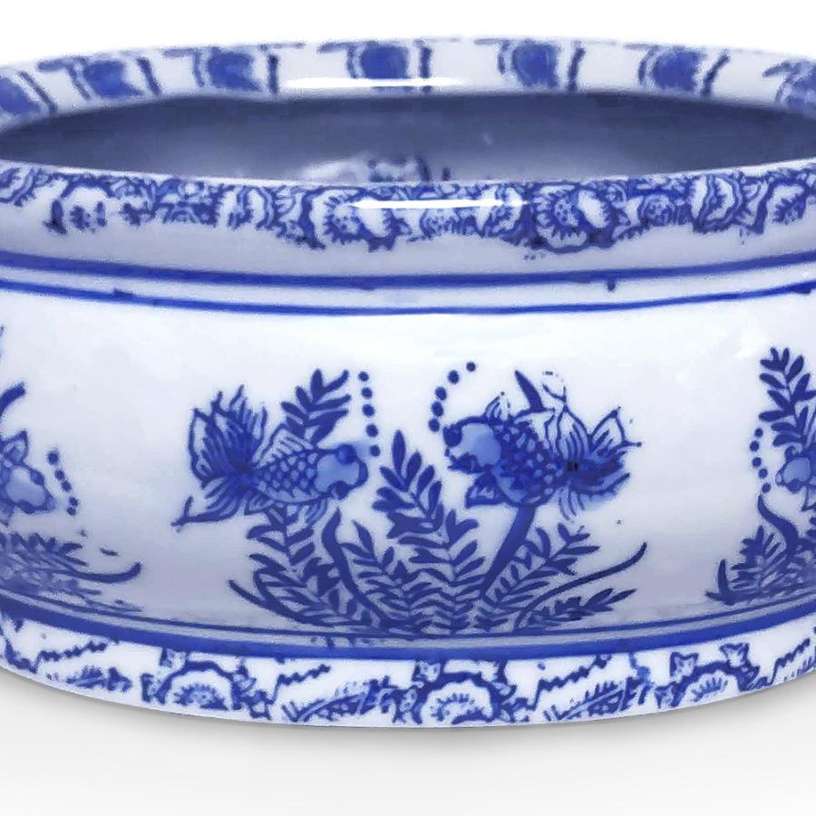 双耳 水鉢 金魚鉢 水盤 手付き 陶器 染付 金魚柄(説明書付き)メダカ鉢