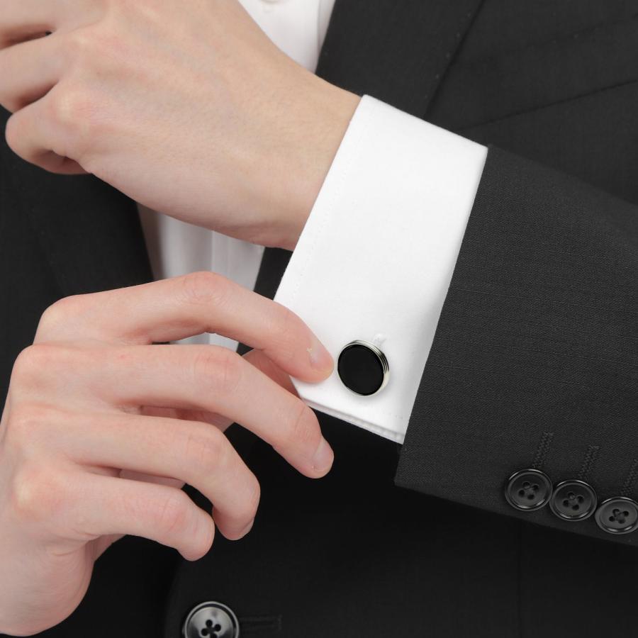 カフスボタン スタッドボタン セット シルバー ライン オニキス カフス