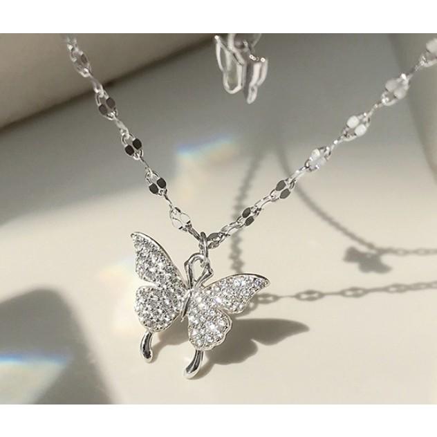 ネックレス レディース シルバー925 蝶々 スワロフスキー 2連チェーン