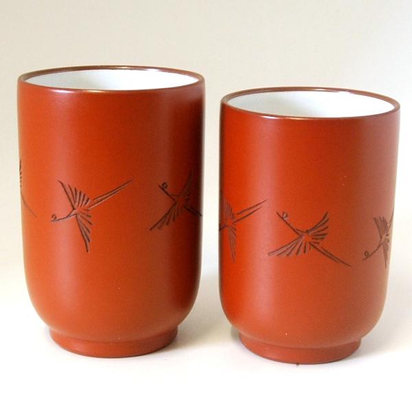 常滑焼 湯のみ セット 玉光作鶴彫 夫婦湯のみ ぎょっこうさくつるぼり