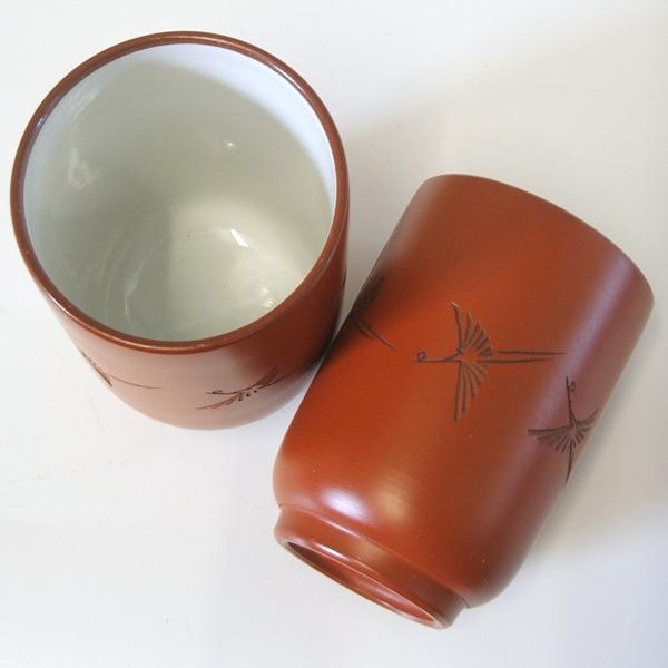 常滑焼 湯のみ セット 玉光作鶴彫 夫婦湯のみ ぎょっこうさくつるぼり