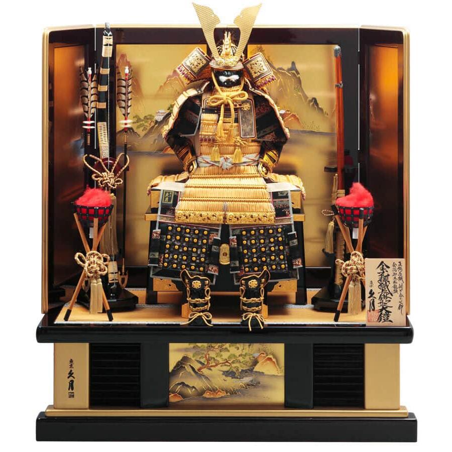 五月人形 久月 鎧平飾り 鎧飾り 高床飾り 金小札 正絹緋縅 15号 長鍬形