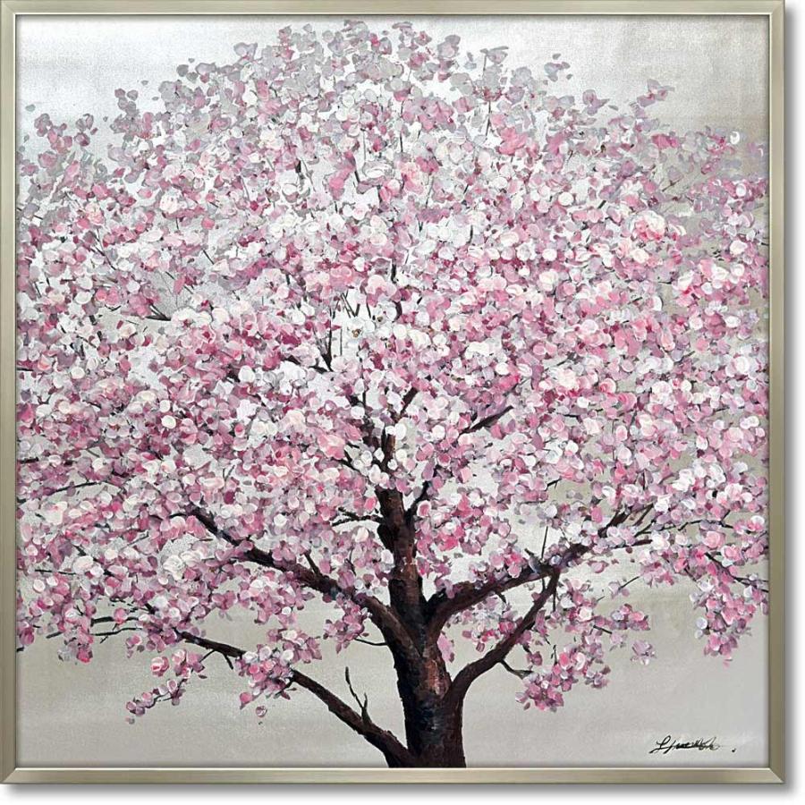 絵画 オイル ペイント アート「シルバー サクラ」 桜 油絵 インテリア