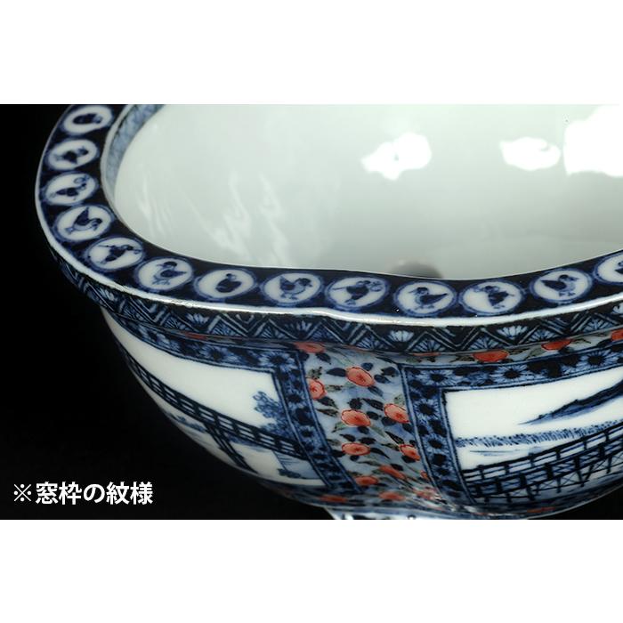 九谷理節染付赤絵窓抜草花山水図木瓜式鉢 盆栽鉢 鉢 植木鉢 盆器 藍