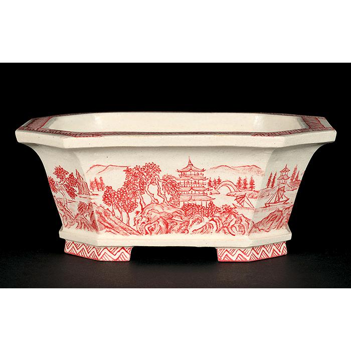 盆栽鉢 「高山赤絵山水図長方鉢」 植木鉢 絵付鉢 作家鉢 磁器 5号 15cm
