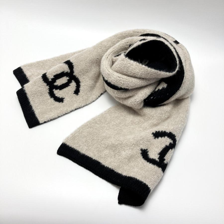 CHANEL（シャネル） ロゴ カメリア マフラー ベージュ×ブラック ウール