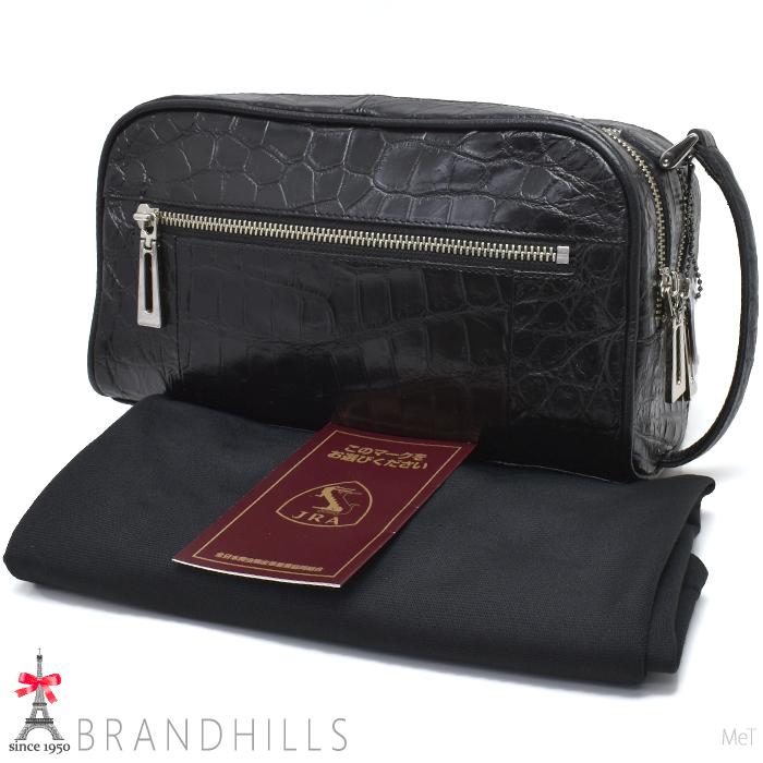 クロコダイル セカンドバッグ メンズ ブラック マット加工 横幅25cm W