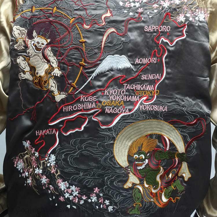 和柄スカジャン ジャパネスク 波に鯨・風神雷神 刺繍 リバーシブル