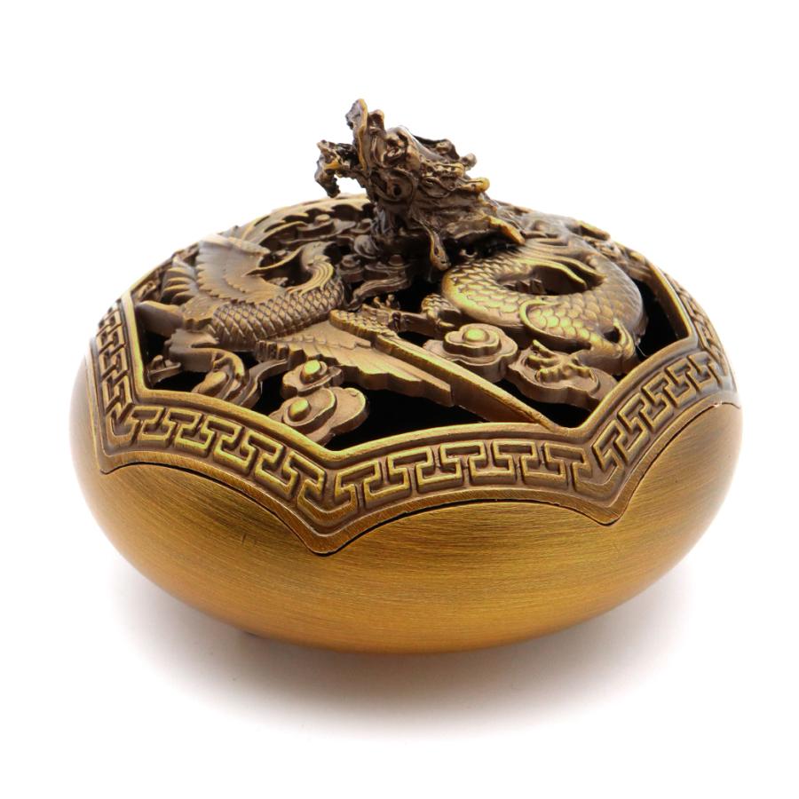 GOLD STONE 香炉 おしゃれ お香立て 真鍮製 龍 鳳凰 蓋付き 不燃綿入り