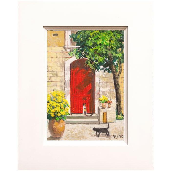 伊東拓実 「 赤い扉と二匹の猫 」 油絵 ・ 油彩画 SM ( サムホール