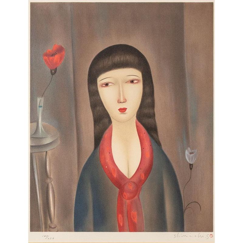 斎藤真一 「 赤いスカーフの女 」 リトグラフ 版画 版画 絵画 洋画