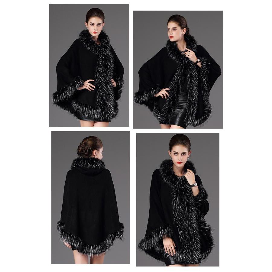 ケープショールコート カシミヤ フード付き フェイクファー ポンチョ