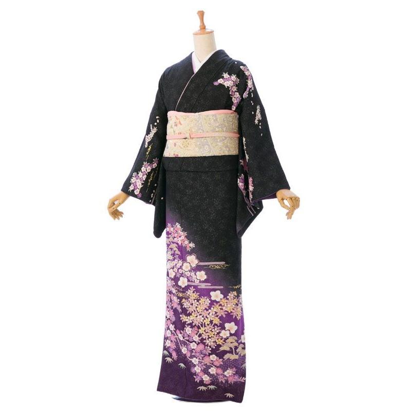 2L787 正絹|松竹梅に桜柄の訪問着フルセット(ブラック系)|訪問着・付