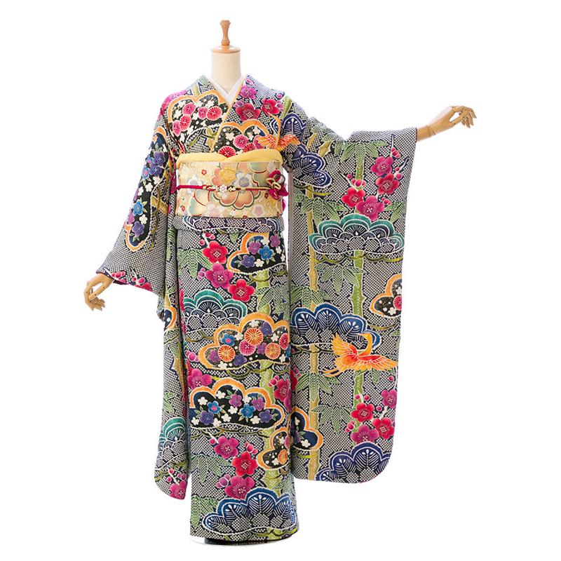 総絞り 正絹|160〜168cm|11〜15号|振袖フルセット(紺系)| 大きいサイズ