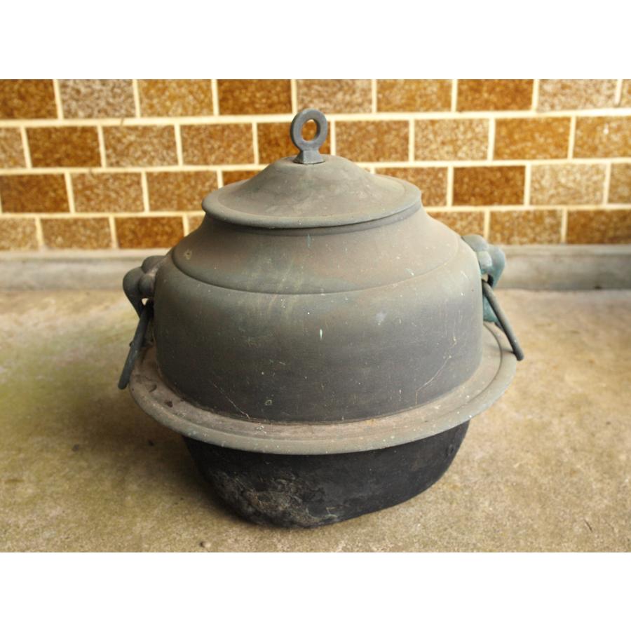 明治 大正期 大型銅製火鉢40cm 特大銅釜 鉄製五徳 茶道 華道 古道具