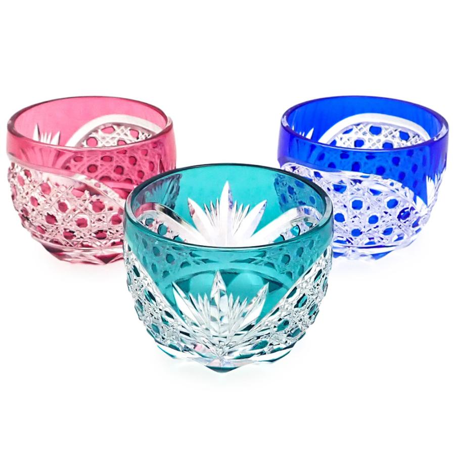 江戸切子 クリスタル ぐい呑み 八角籠目 木箱入り 金赤 瑠璃