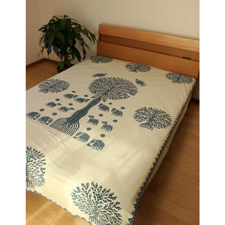 マルチカバー ハンドメイド 刺繍 150×225cm ブルー パッチワーク 手