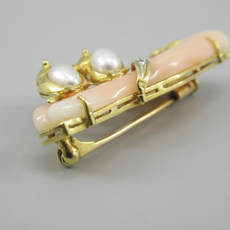珊瑚 ブローチ K18刻印 D0.05ct パール 鳥モチーフ サンゴ/和装小物