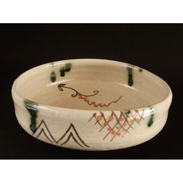 川本了生 弥七田織部 馬盥茶碗 共箱有 M1498 川本了生 弥七田織部