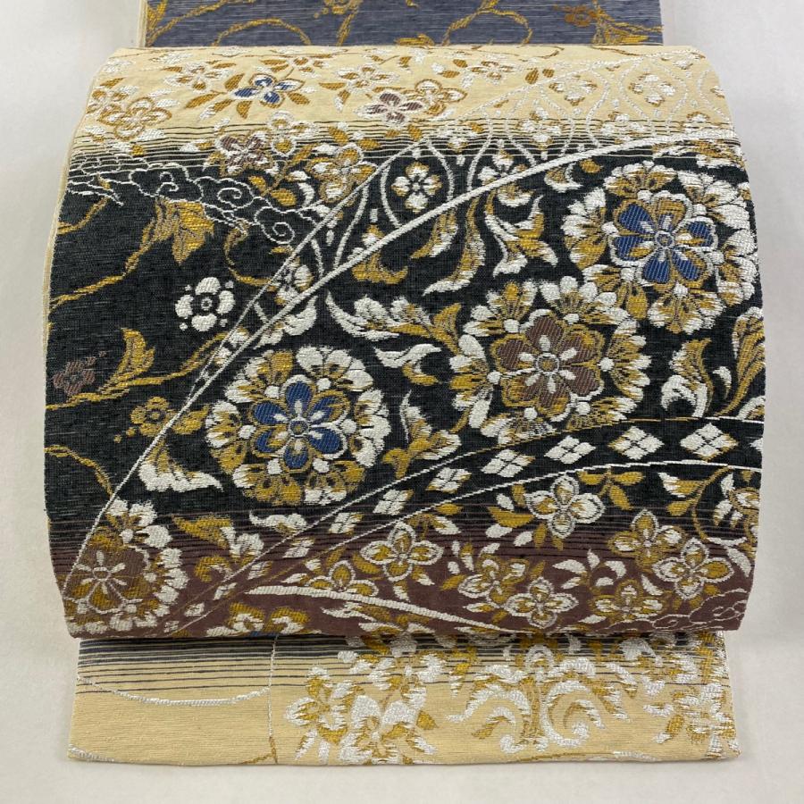 美品 袋帯 名品 手先ニ通り 正倉院唐草 吉祥幾何文様 箔 ベージュ 正絹