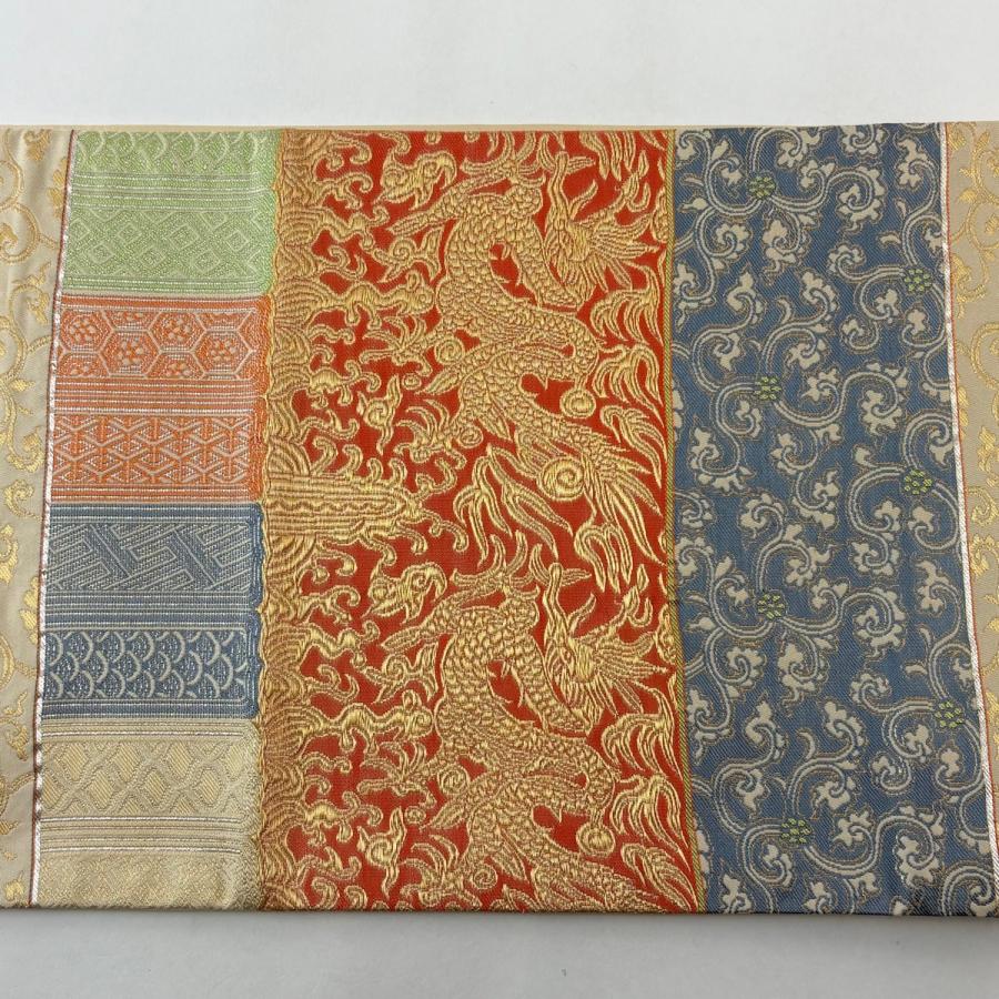 美品 袋帯 逸品 龍村晋 落款あり 龍 花唐草 金銀糸 ベージュ お太鼓柄