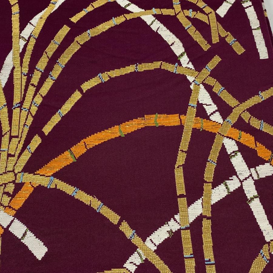 袋帯 逸品 龍村平蔵 落款あり 豊公芒文錦 金糸 箔 赤紫 六通 正絹 中古