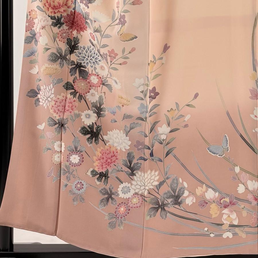 訪問着 身丈155cm 裄丈65cm M 袷 落款あり 菊 枝梅 ぼかし 薄ピンク