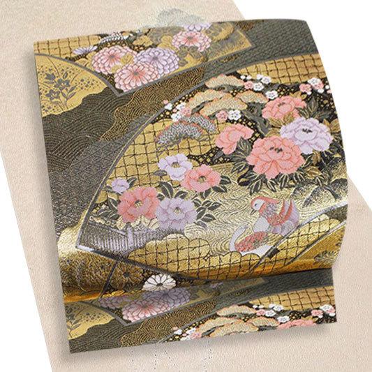 中古 プラチナ二重箔 金色地 波 地紙 菊 牡丹 桜 梅 松 桔梗 萩 鴛鴦