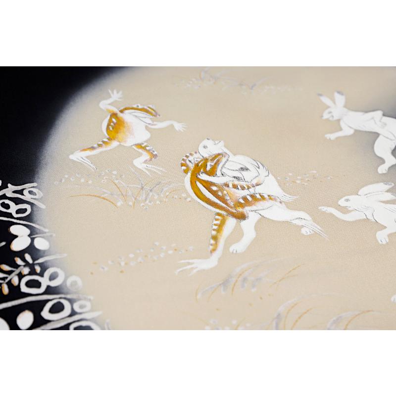 名古屋帯 絹菱 正絹 黒地 鳥獣戯画 兎 うさぎ 蛙 月 萩 秋 お月見 手