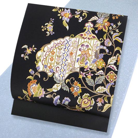 岡重 名古屋帯 九寸 正絹 黒地 駒塩瀬 花更紗文様 新品 未仕立て 反物