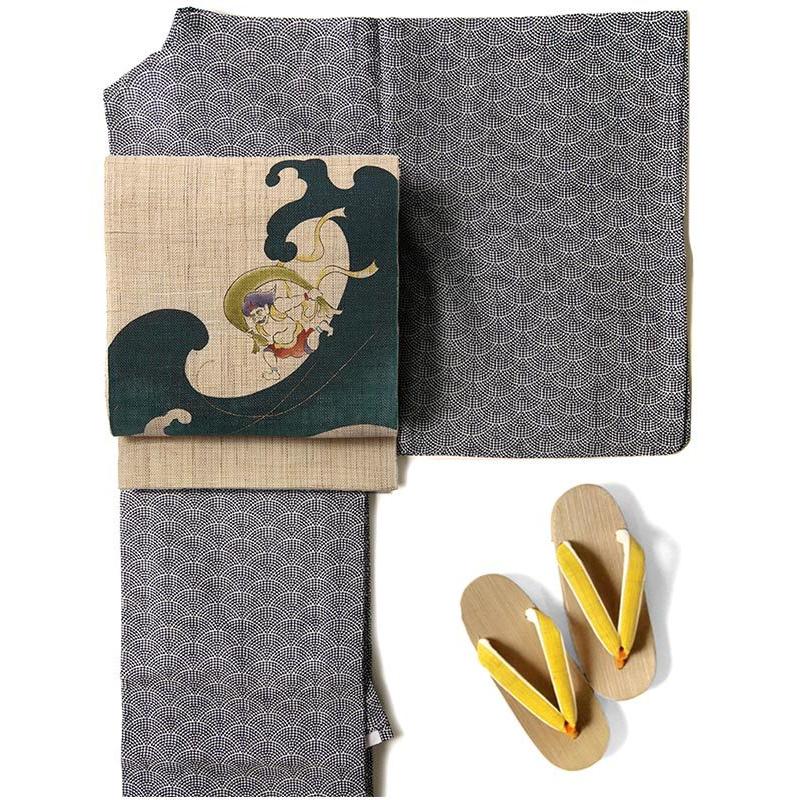 名古屋帯 召しませ花 麻 風神雷神 サーフィン 波 夏 ベージュ