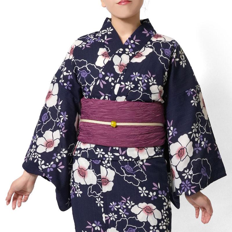 浴衣 吸水速乾 ハマナス 紺 紺地 ネイビー 花柄 大人 レディース