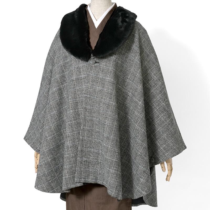 ケープ コート JAPAN MODE グレンチェック グレー ファー ポンチョ 冬