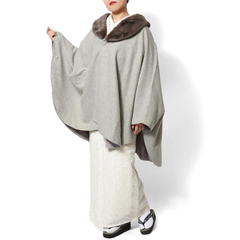 ケープ コート JAPAN MODE ヘリンボーン グレージュ ベージュ ファー